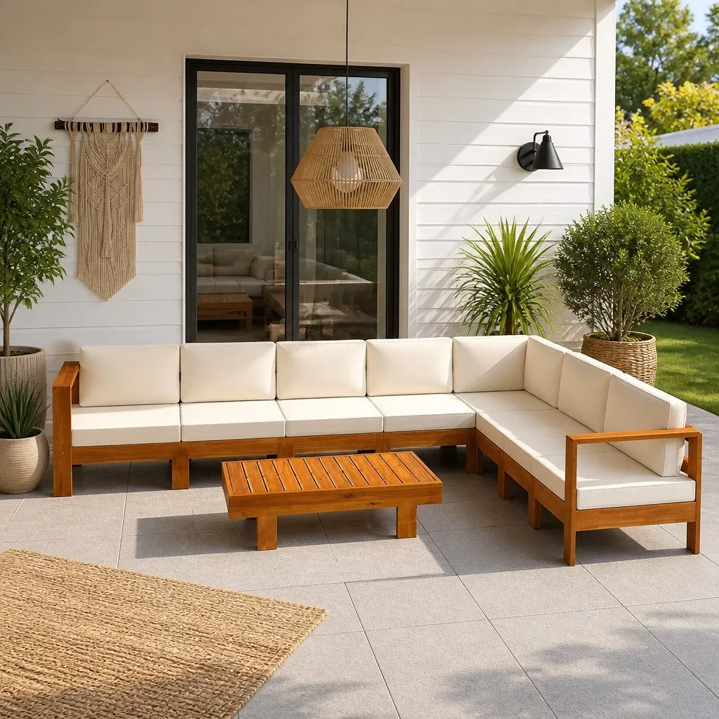 Garden Lounge Set White 9 Piece Acacia Wood Outdoor Furniture with Cushions