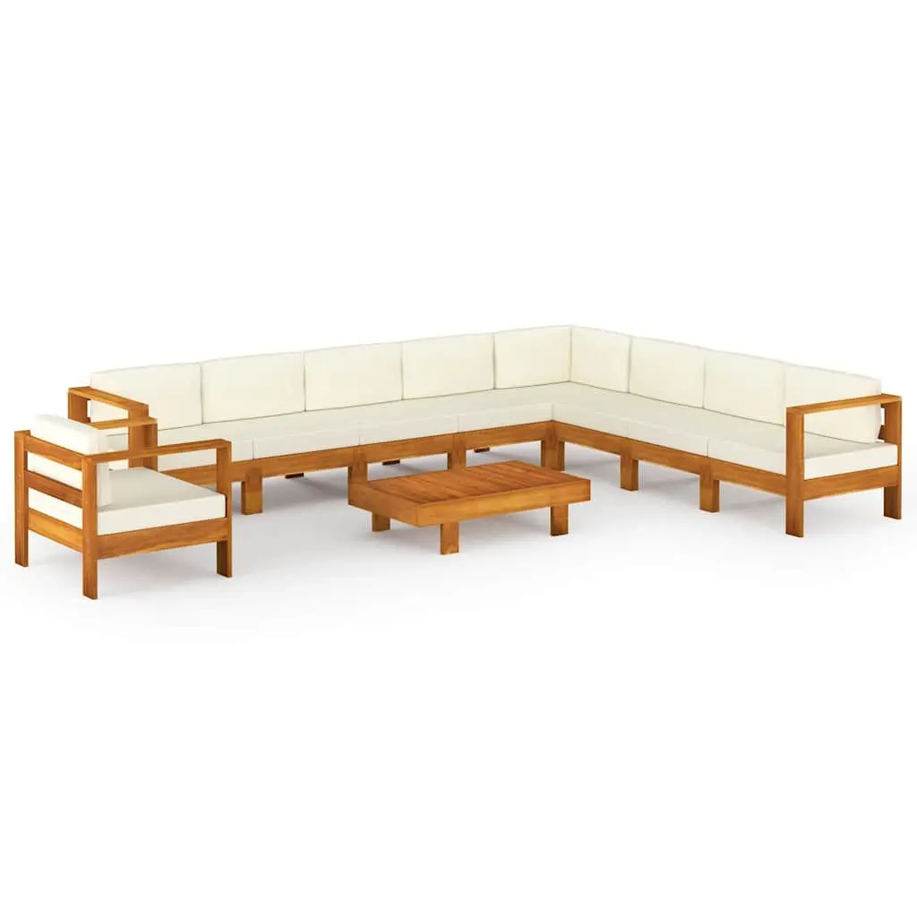 Garden Lounge Set White 10 Piece Outdoor Furniture Acacia Wood Cushions Patio Seating