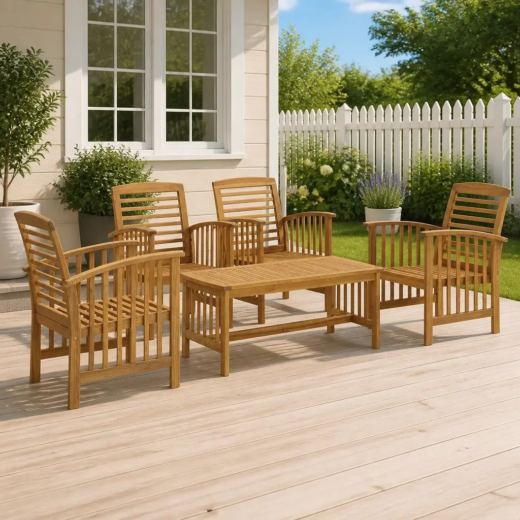 Garden Lounge Set Brown 5 Piece Solid Acacia Wood Outdoor Furniture with Coffee Table Curved Backrest and Armrests