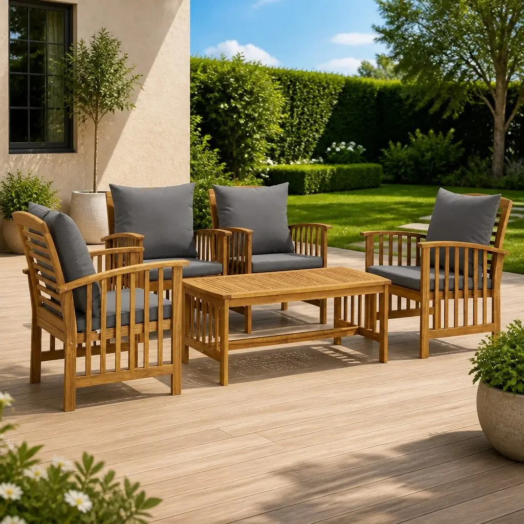 5 Piece Garden Lounge Set Grey Solid Wood Outdoor Patio Furniture with Cushions