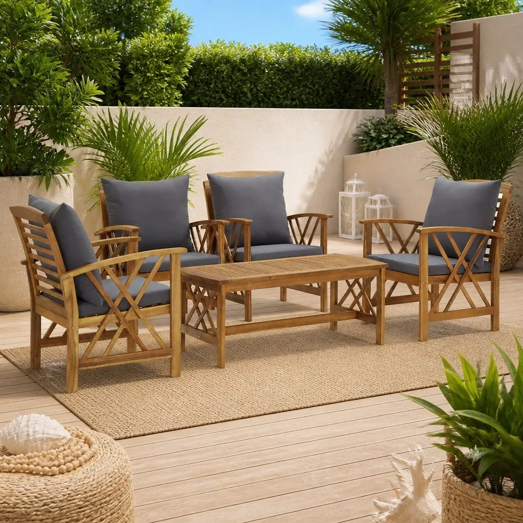 5 Piece Garden Lounge Set Grey Solid Acacia Wood Cushions Curved Backrest