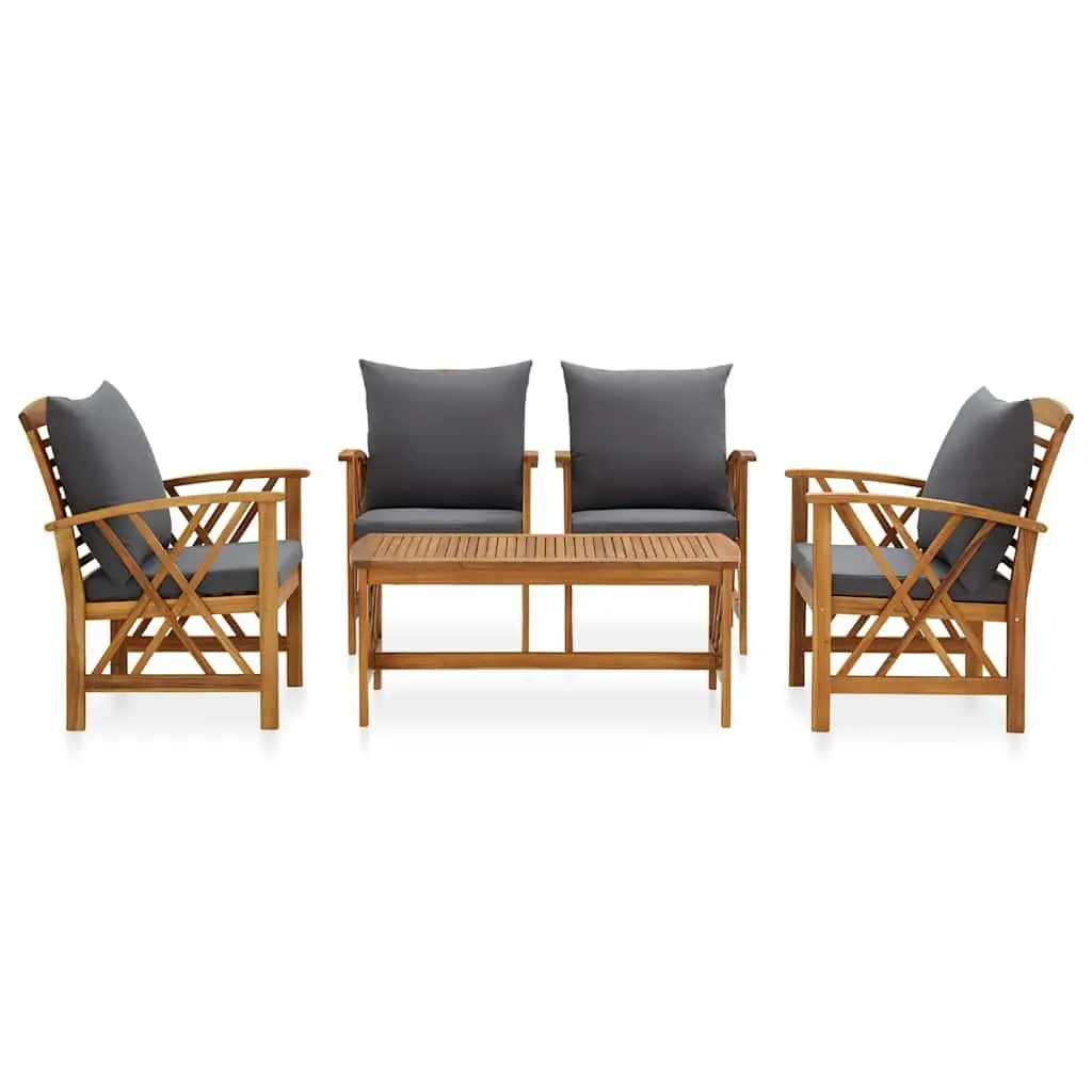 5 Piece Garden Lounge Set Grey Solid Acacia Wood Cushions Curved Backrest