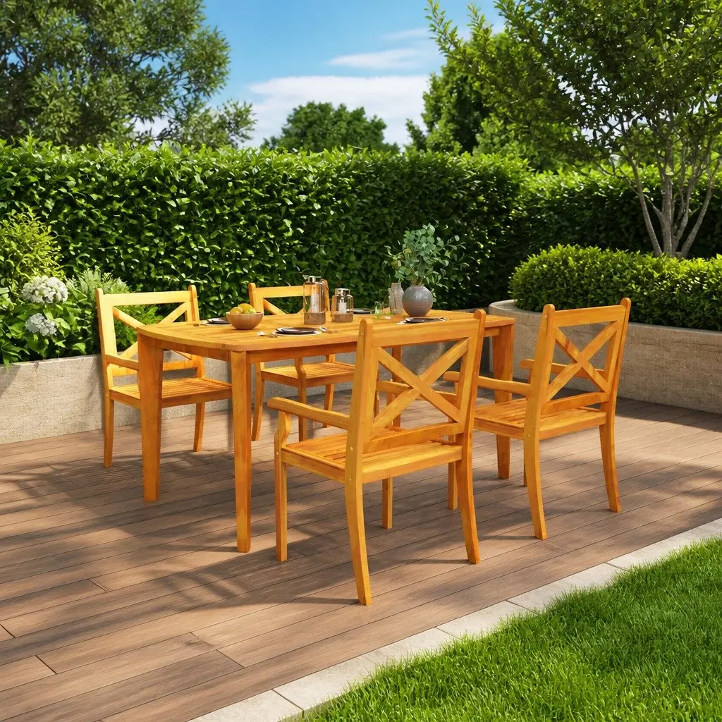5 Piece Outdoor Garden Dining Set Brown Solid Acacia Wood Patio Table and Chairs