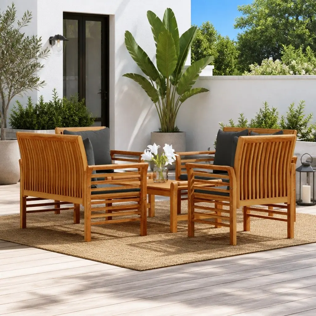 5 Piece Lounge Set Garden Furniture Acacia Wood Brown with Thick Cushions and Sturdy Table