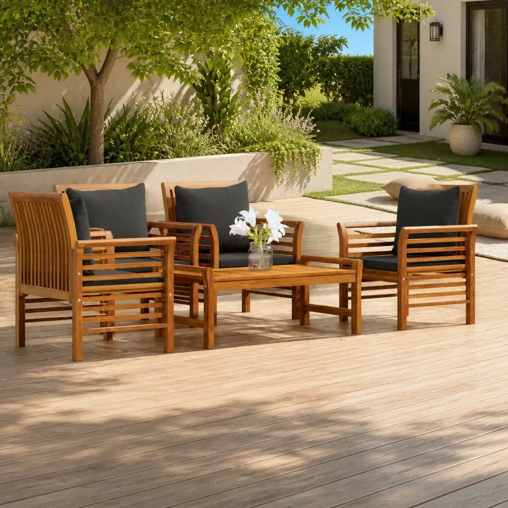 Garden Lounge Set Brown 5 Piece Outdoor Furniture Solid Acacia Wood with Cushions