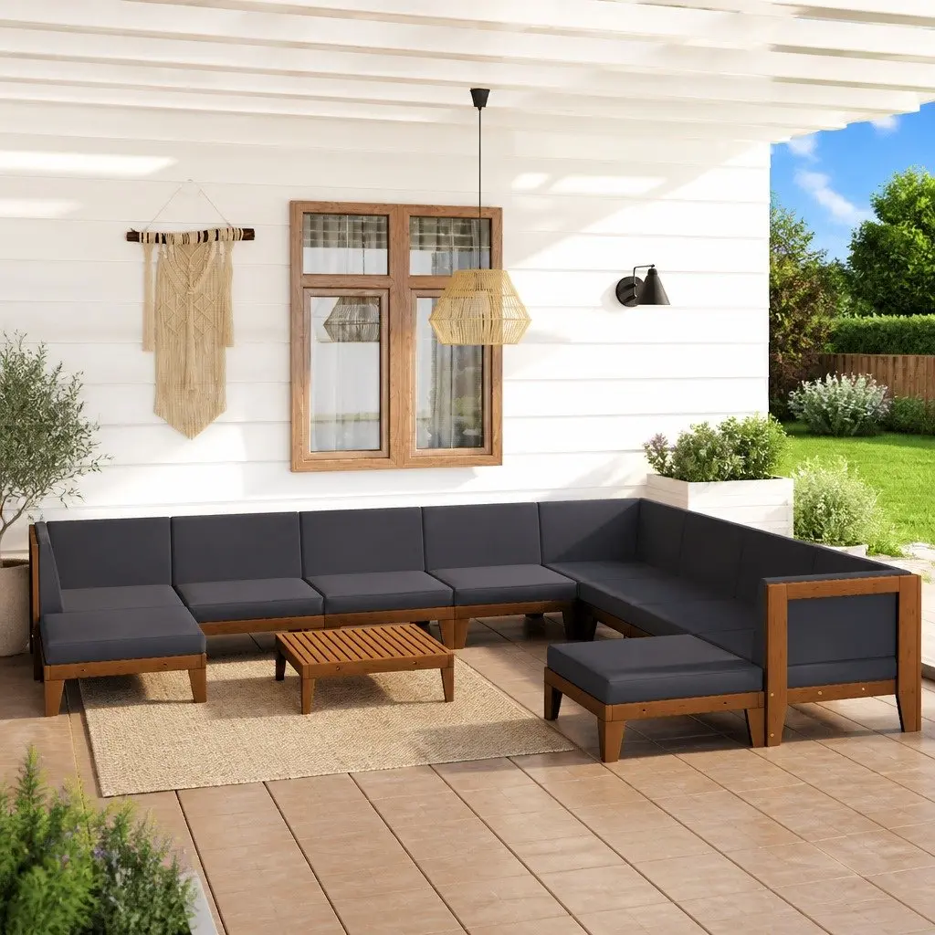 Garden Lounge Set 11 Piece Outdoor Furniture Grey Acacia Wood Cushions Modular