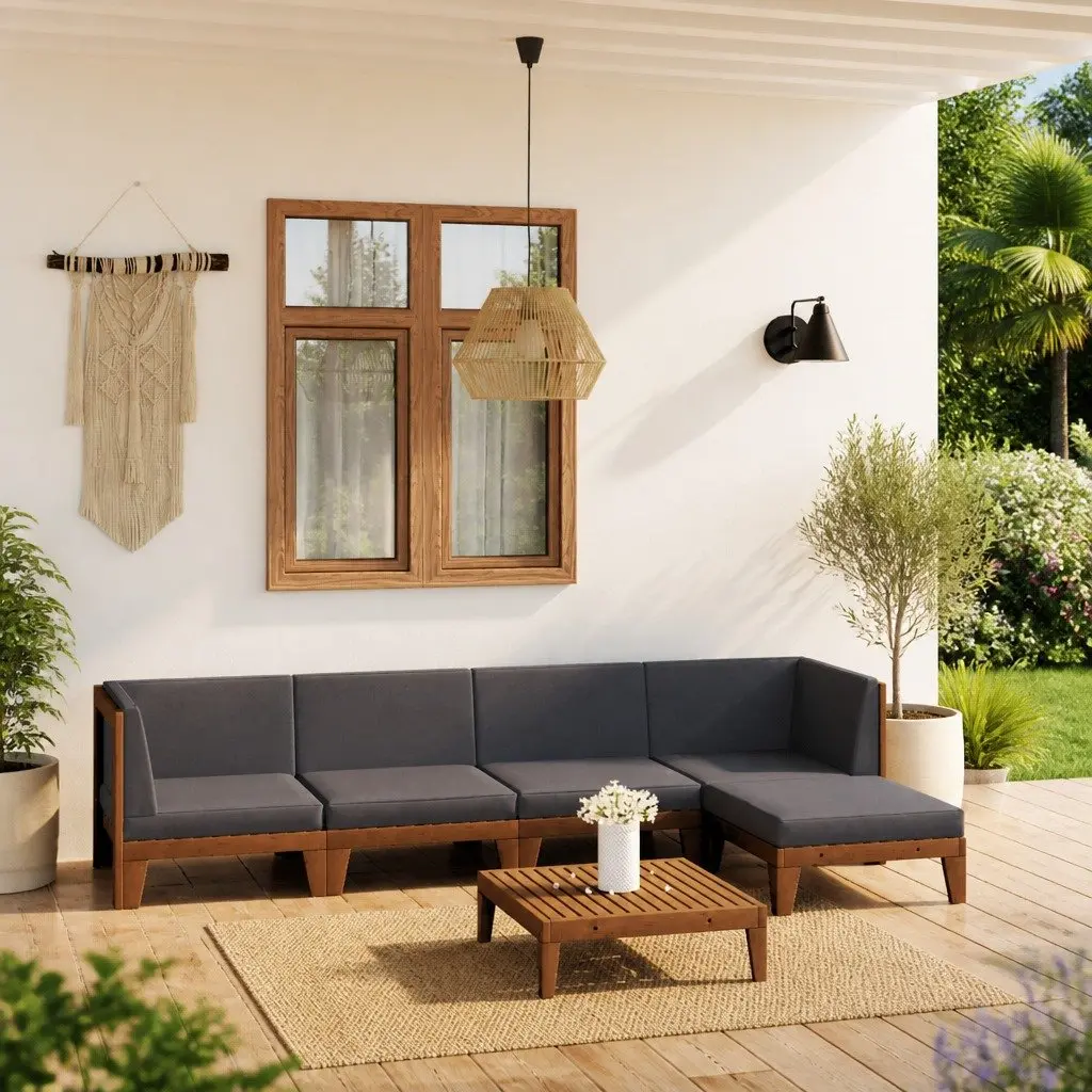 6-Piece Grey Acacia Lounge Set with Cushions