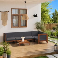 Garden Lounge Set 6 Piece Outdoor Furniture Grey Cushions Acacia Wood Patio
