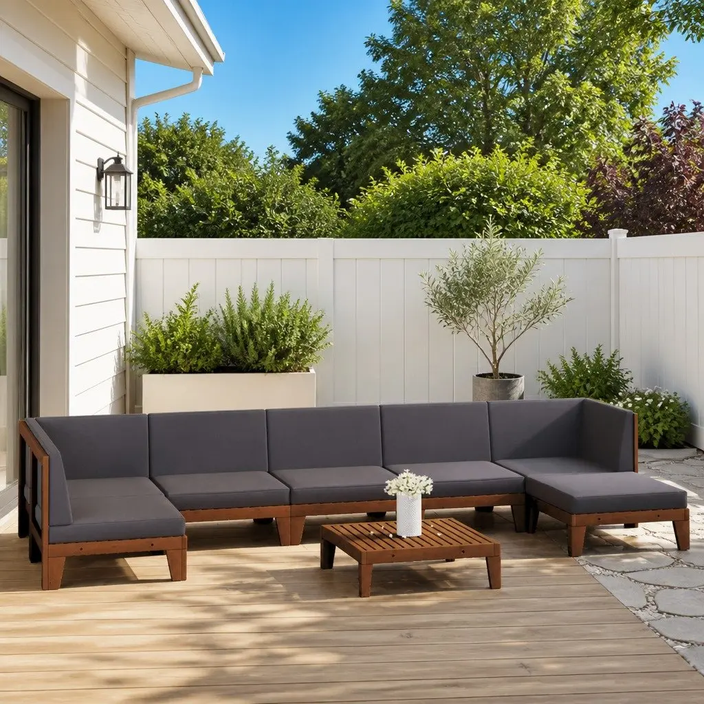 Garden Lounge Set Grey 8 Piece Outdoor Furniture Cushioned Acacia Wood Patio