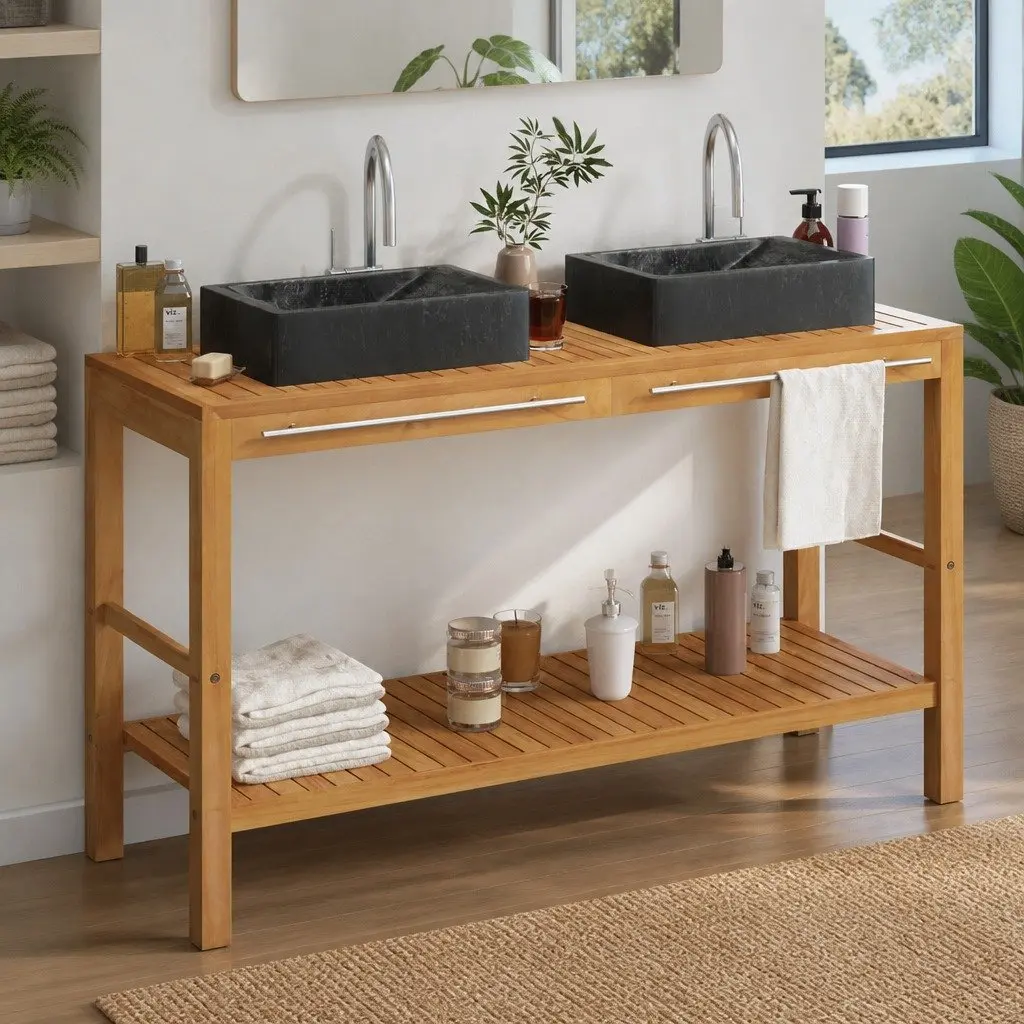 Teak Bathroom Vanity with Two Marble Sinks