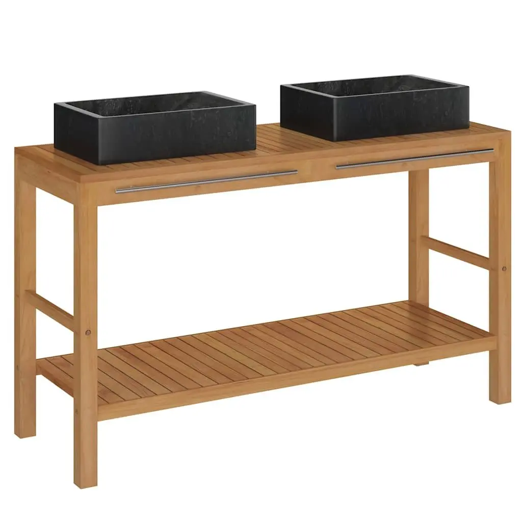 Teak Bathroom Vanity with Two Marble Sinks