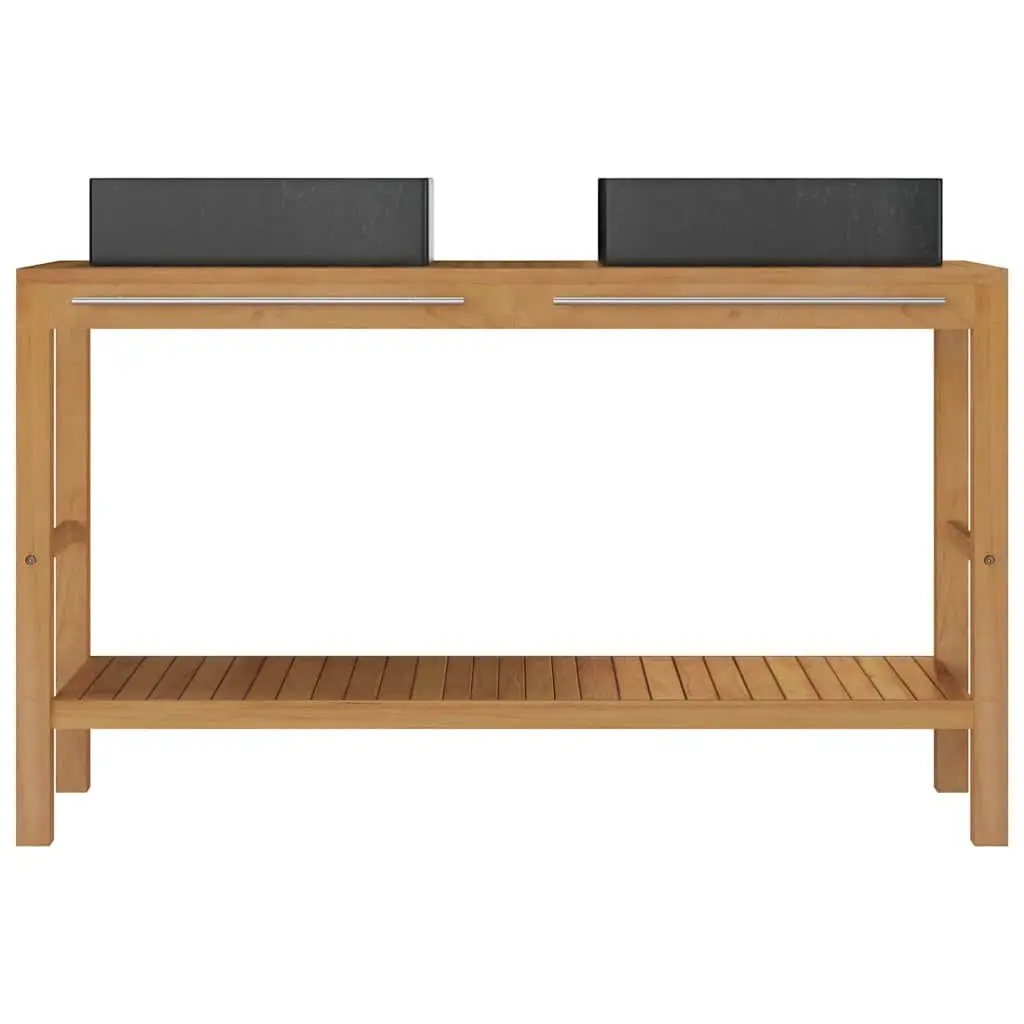 Teak Bathroom Vanity with Two Marble Sinks
