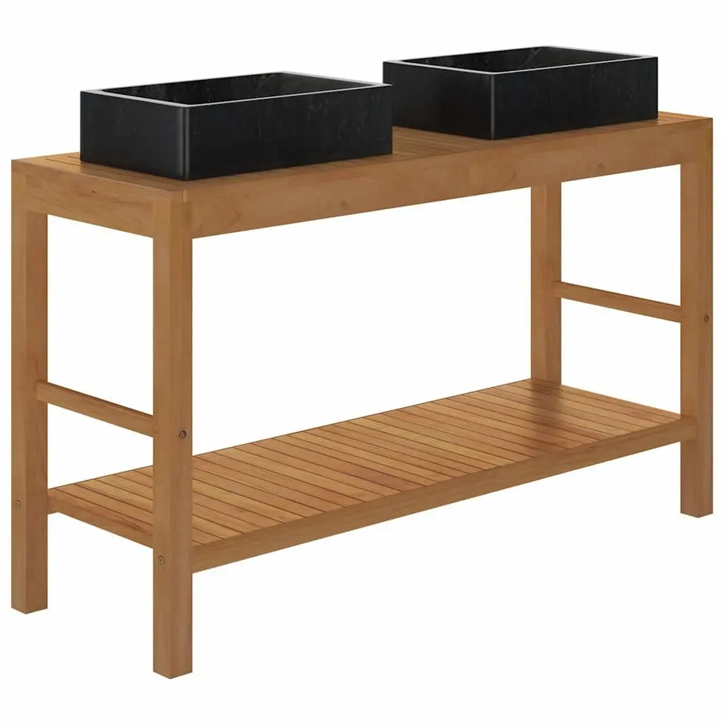 Teak Bathroom Vanity with Two Marble Sinks