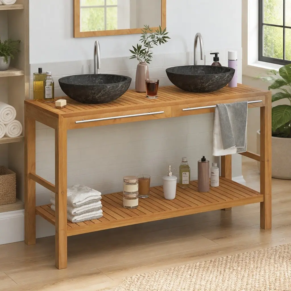 Bathroom Vanity Unit Black Solid Teak Wood Double Sink Marble Basin Storage