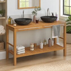 Bathroom Vanity Unit Solid Teak Wood Cabinet Double Sink Marble Basin Storage