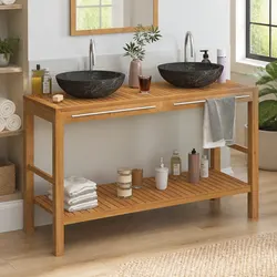 Teak Wood Bathroom Vanity with Marble Sinks - Compact & Durable