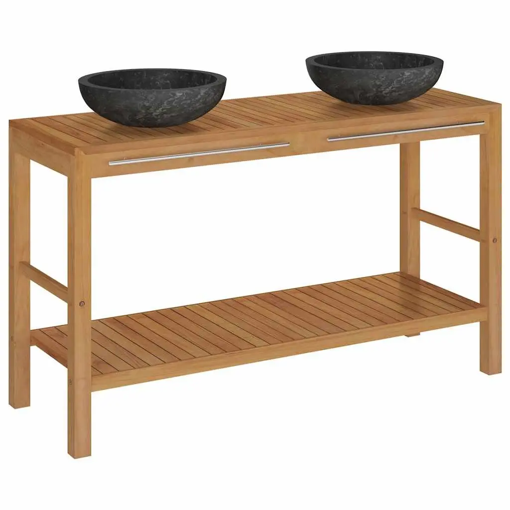 Bathroom Vanity Unit Black Solid Teak Wood Double Sink Marble Basin Storage