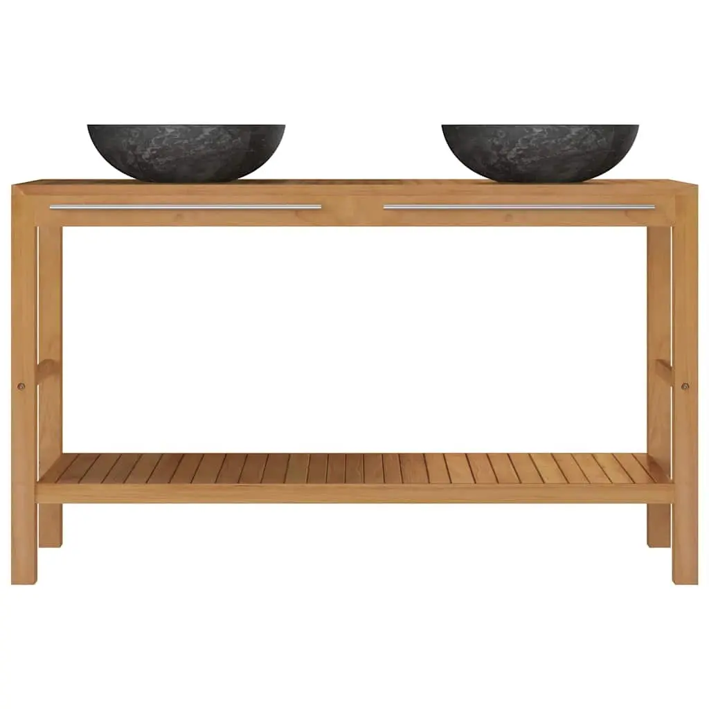Bathroom Vanity Unit Black Solid Teak Wood Double Sink Marble Basin Storage