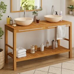 Bathroom Vanity Cabinet Solid Wood Teak Double Sinks Marble Countertop Storage