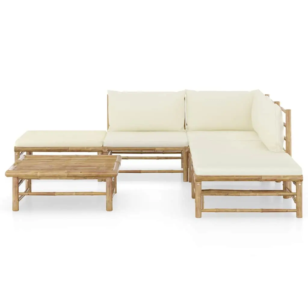 Garden Lounge Set 6 Piece Bamboo Outdoor Furniture with Cream White Cushions
