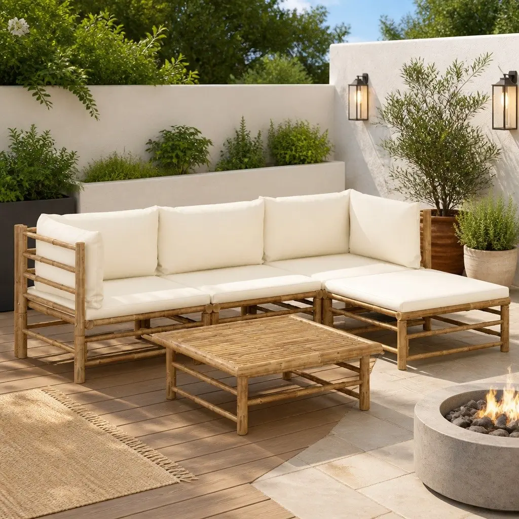 5 Piece Bamboo Garden Lounge Set Outdoor Furniture Cream Cushions Modular