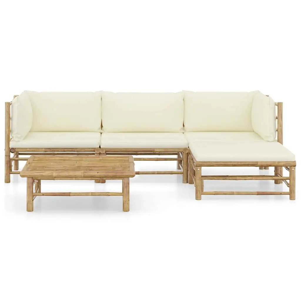 5 Piece Bamboo Garden Lounge Set Outdoor Furniture Cream Cushions Modular