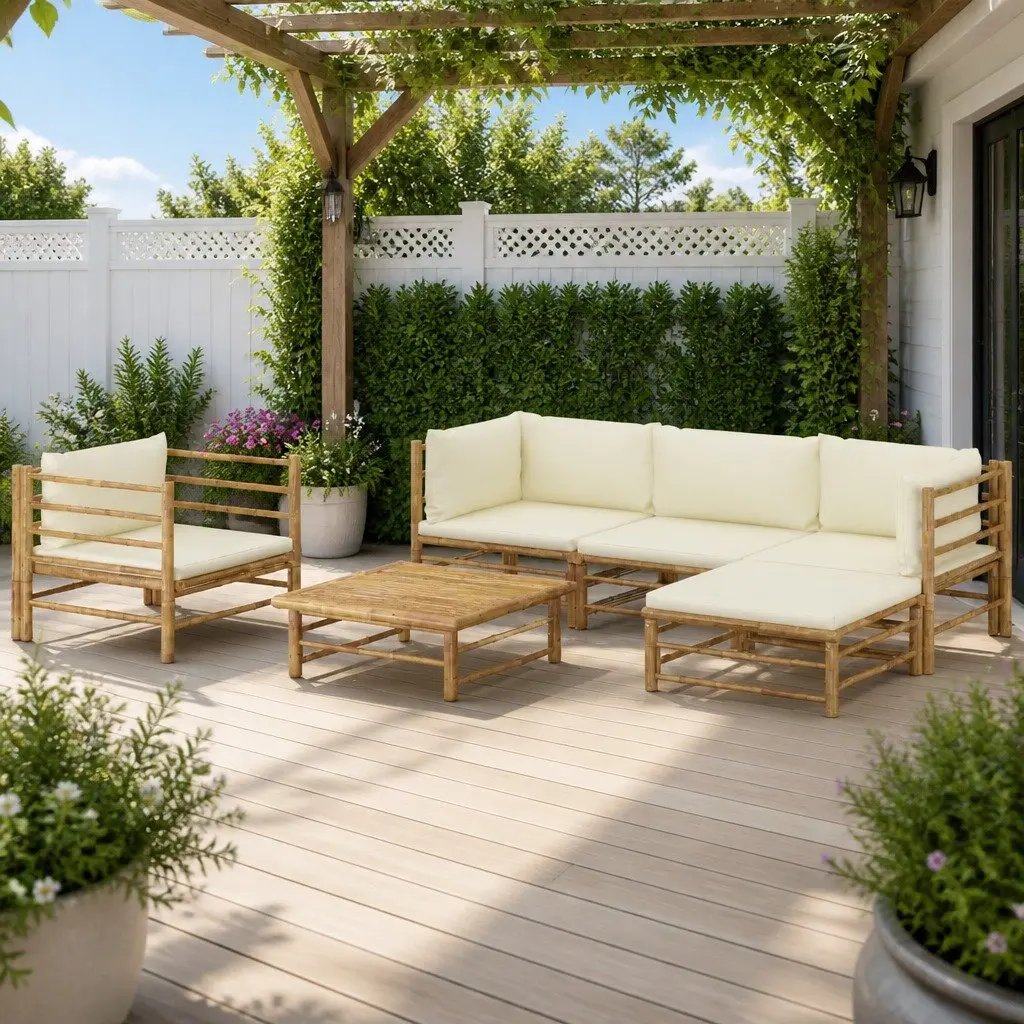 Bamboo Garden Lounge Set Cream 6 Piece Modular Outdoor Furniture with Thickly Padded Cushions