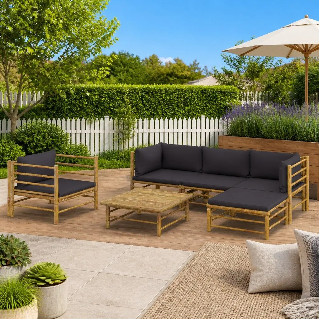 Garden Lounge Set 6 Piece Bamboo Outdoor Furniture Grey Cushions Modular