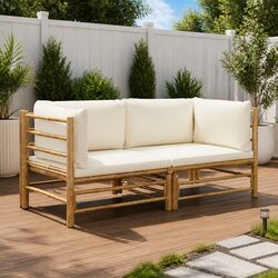 Bamboo Garden Lounge Set Outdoor Furniture with Cream White Cushions 2 Piece