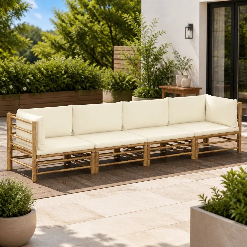 Garden Lounge Set 4 Piece Bamboo Outdoor Furniture with Cushions White