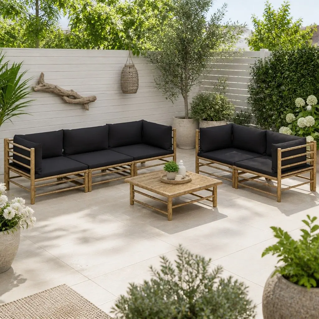 Garden Lounge Set 6 Piece Bamboo Outdoor Furniture Modular Seating with Cushions