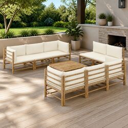 9 Piece Bamboo Garden Lounge Set Outdoor Patio Furniture with Cream Cushions