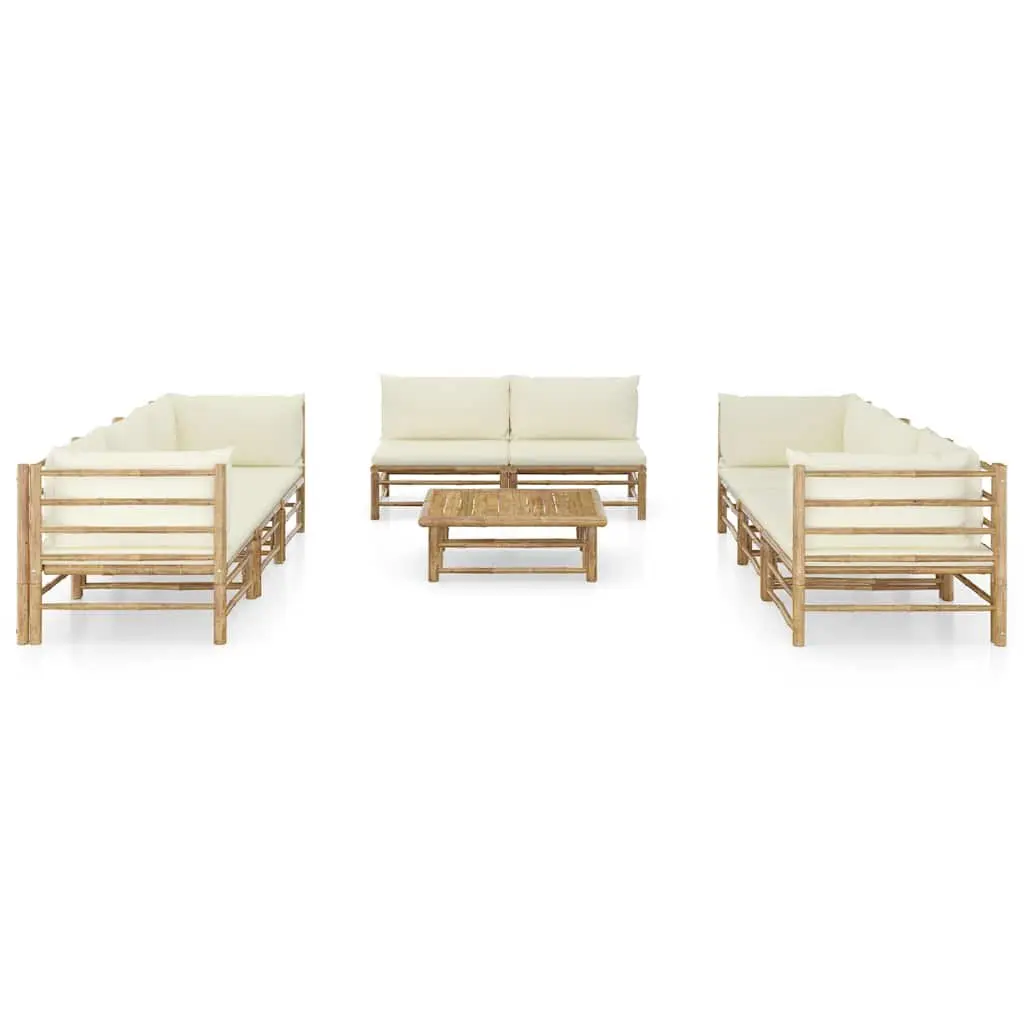 9 Piece Bamboo Garden Lounge Set White Modular Outdoor Patio Furniture with Cream Cushions