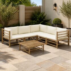 Garden Lounge Set 6 Piece Bamboo Outdoor Furniture Sectional Sofa with Cushions