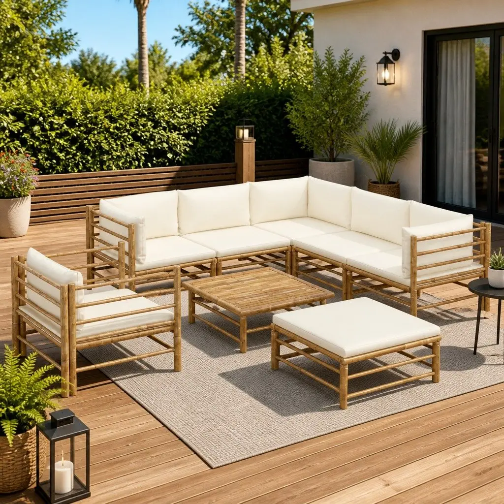 Garden Lounge Set 8 Piece Bamboo Outdoor Furniture with Cream Cushions Modular