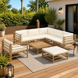 Garden Lounge Set 8 Piece Bamboo Outdoor Furniture with Cream Cushions Modular