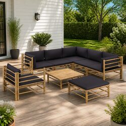 8-Piece Bamboo Garden Lounge Set with Cushions