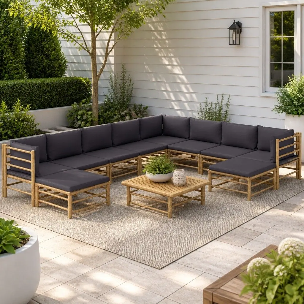 Garden Lounge Set 11 Piece Bamboo Outdoor Furniture with Grey Cushions Modular