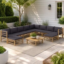 Garden Lounge Set 11 Piece Bamboo Outdoor Furniture with Grey Cushions Modular