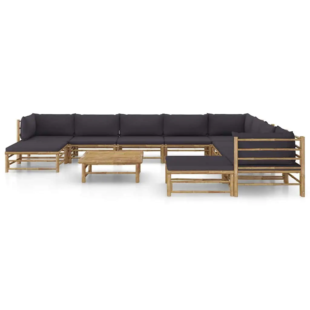 Garden Lounge Set 11 Piece Bamboo Outdoor Furniture with Grey Cushions Modular