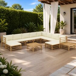 Garden Lounge Set 12 Piece Bamboo Outdoor Furniture Modular Cream Cushions
