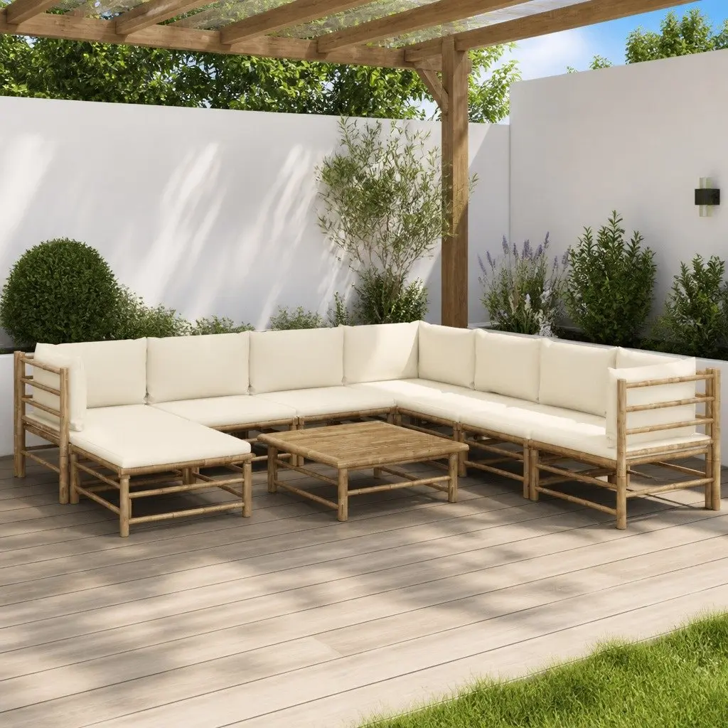 Garden Lounge Set 9 Piece Bamboo Outdoor Furniture White Cushions Modular