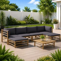 7 Piece Bamboo Garden Lounge Set Outdoor Patio Furniture Dark Grey Cushions