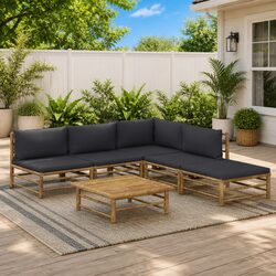 Garden Lounge Set 6 Piece Bamboo Outdoor Furniture Modular Seating Grey Cushions