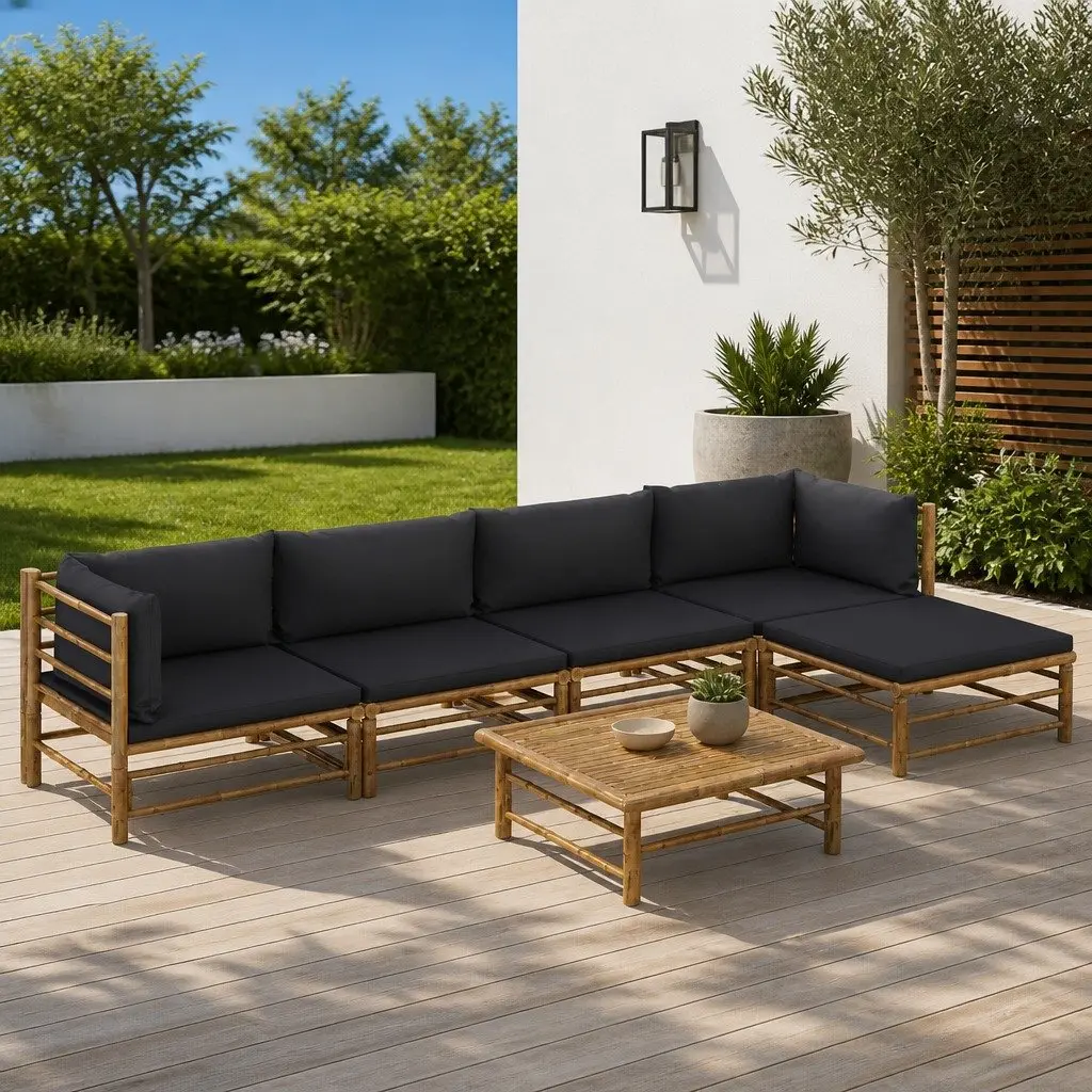 Garden Lounge Set 6 Piece Bamboo Outdoor Furniture with Grey Cushions Modular