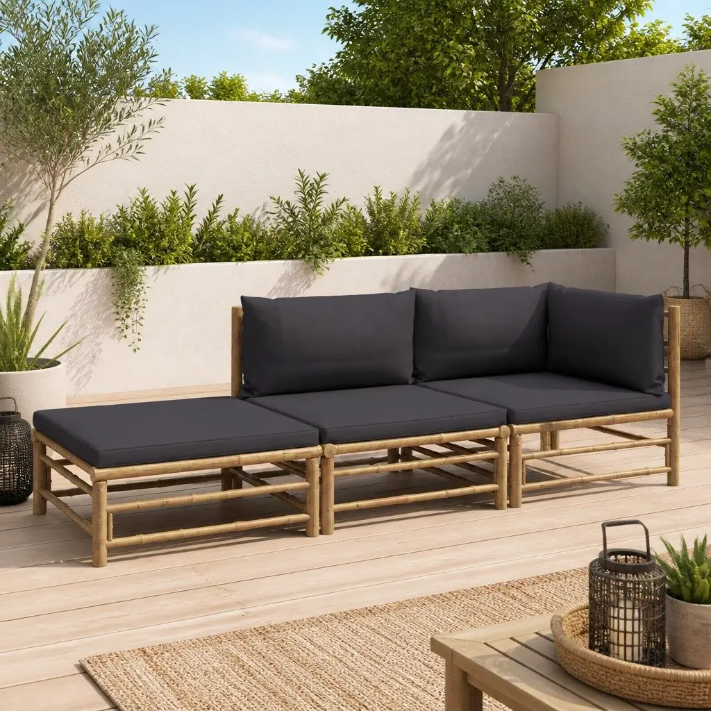 Bamboo Garden Lounge Set 3 Piece Outdoor Furniture Grey Cushions Modular