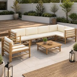7 Piece Bamboo Lounge Set with Cream Cushions