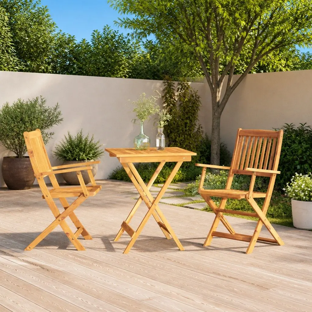 3 Piece Folding Garden Dining Set Brown Solid Acacia Wood Compact Storage