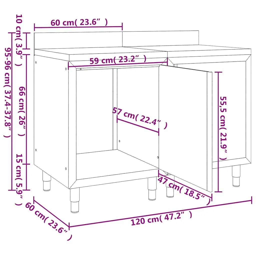 Stainless Steel Work Table Cabinet 120x60x96cm with Bottom Storage Adjustable Feet and Integrated Backsplash
