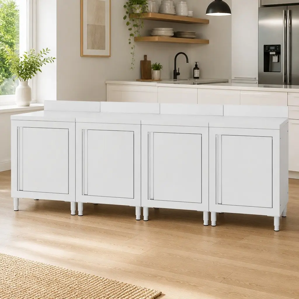 Commercial Stainless Steel Work Table Cabinet Silver 240x60x96 cm Heavy-duty with Bottom Storage and 10 cm Backsplash